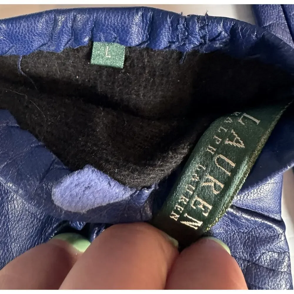 Lauren Ralph Lauren Blue Leather Gloves Womens L Gold Crest Buttons Lined